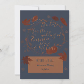 Dark Blue Autumn Pumpkins & Leaves Save The Date