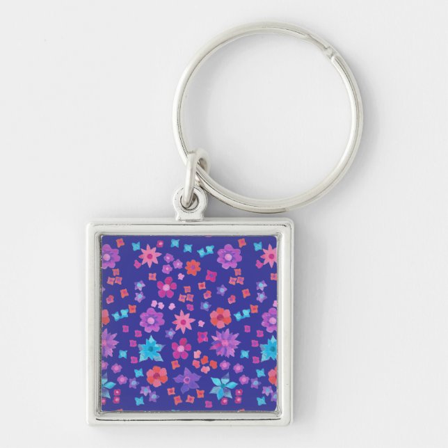Dark Blue Background Flower-Power Keyring (Front)
