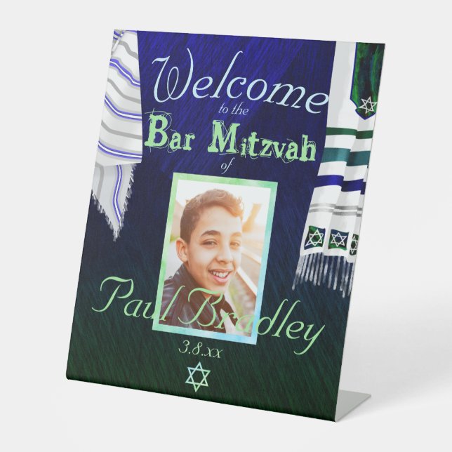 Dark Blue Bar Mitzvah Sign with Prayer Shawls (Front)