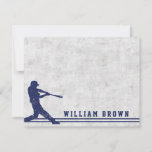 Dark blue baseball silhouette personalised name card<br><div class="desc">Personalised notecard featuring a dark blue silhouette of a baseball player swinging a baseball bat on a worn ball background. At the bottom is a border with two blue stripes and customisable name or other text in a dark blue college jersey sports font.</div>