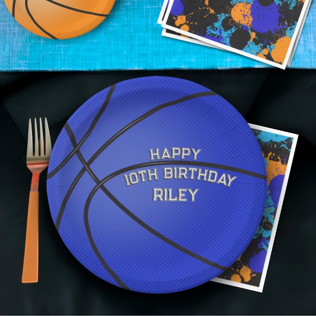 Dark Blue Basketball Happy Birthday Name Paper Plate (Creator Uploaded)