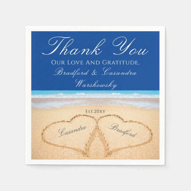 Dark Blue Beach 2 Hearts in the Sand  Wedding Napkin (Front)
