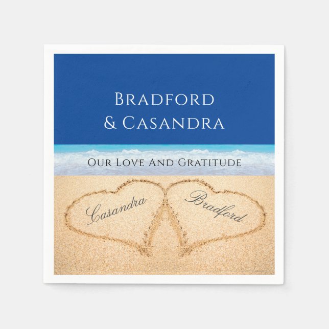 Dark Blue Beach Wedding 2 Hearts in the Sand  Napkin (Front)