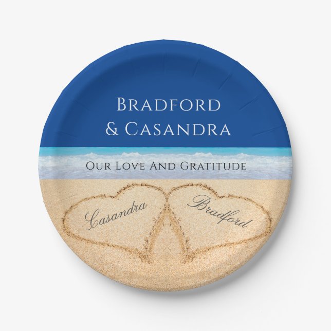 Dark Blue Beach Wedding 2 Hearts in the Sand  Pape Paper Plate (Front)