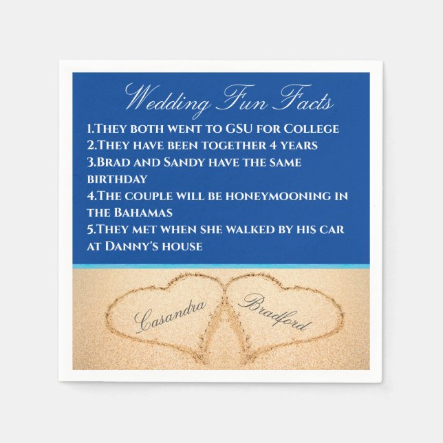 Dark Blue Beach Wedding 2 Hearts Sand Fun Facts Napkin (Front)