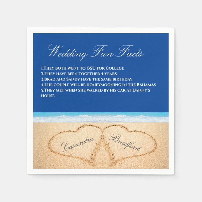 Dark Blue Beach Wedding 2 Hearts Sand Fun Facts Napkin (Front)