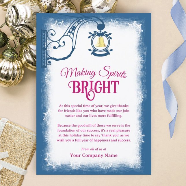 Dark Blue, Berry Pink Nostalgic Bell Holiday Card (blue company holiday party invitations, blue and berry pink christmas greeting cards for employees)
