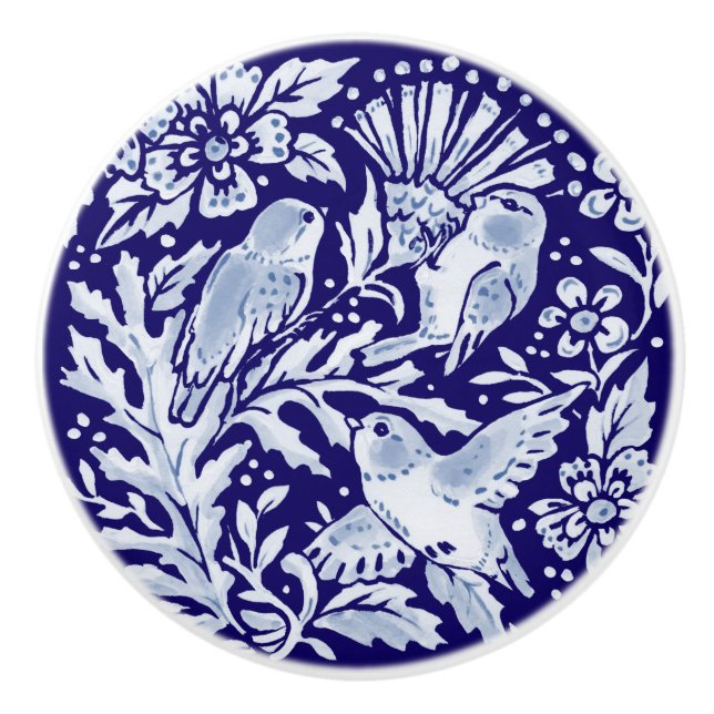 Dark Blue Bird Woodland Animal Floral Cobalt Navy Ceramic Knob (Front)