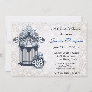 Dark Blue Birdcage, Damask Invitation