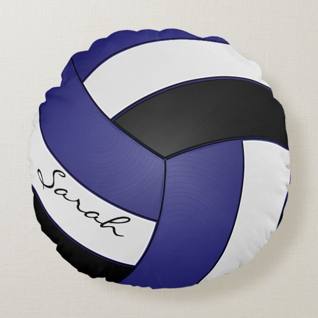 Dark Blue, Black and White Volleyball | DIY Name Round Cushion (Front)