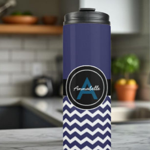 Dark Blue Black Chevron Thermal Tumbler