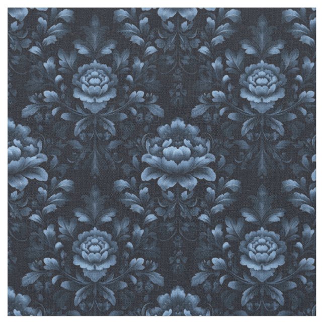 Dark Blue & Black Floral Damask Fabric (Close Up)
