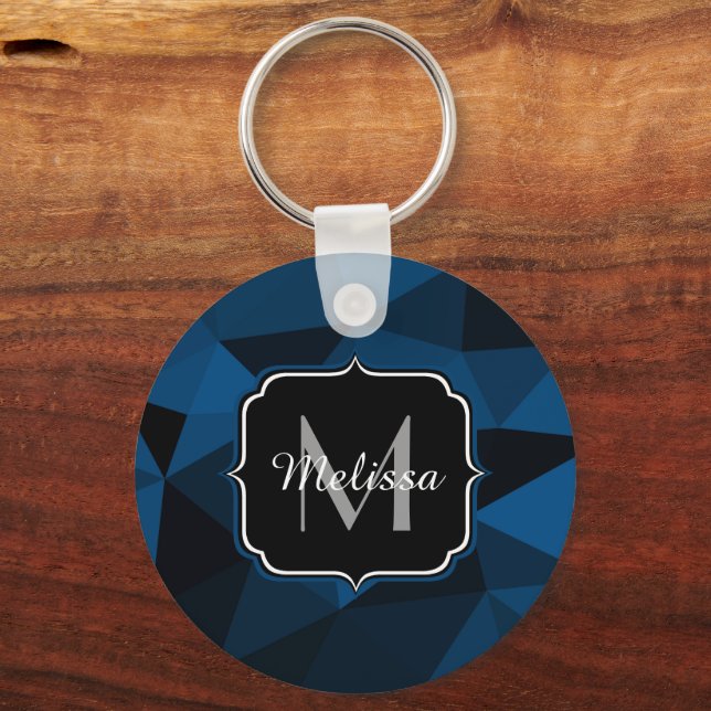 Dark blue black geometric mesh pattern Monogram Key Ring (Back)