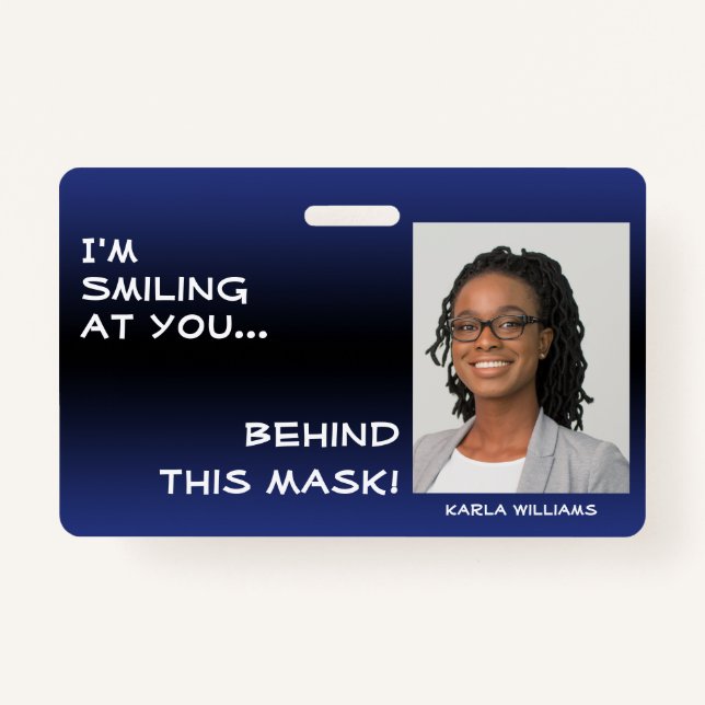 Dark Blue & Black Ombre Smiling Hello Behind Mask ID Badge (Front)