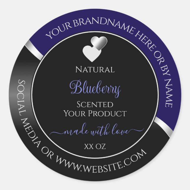 Dark Blue Black Wavy Silver Hearts Product Labels (Front)