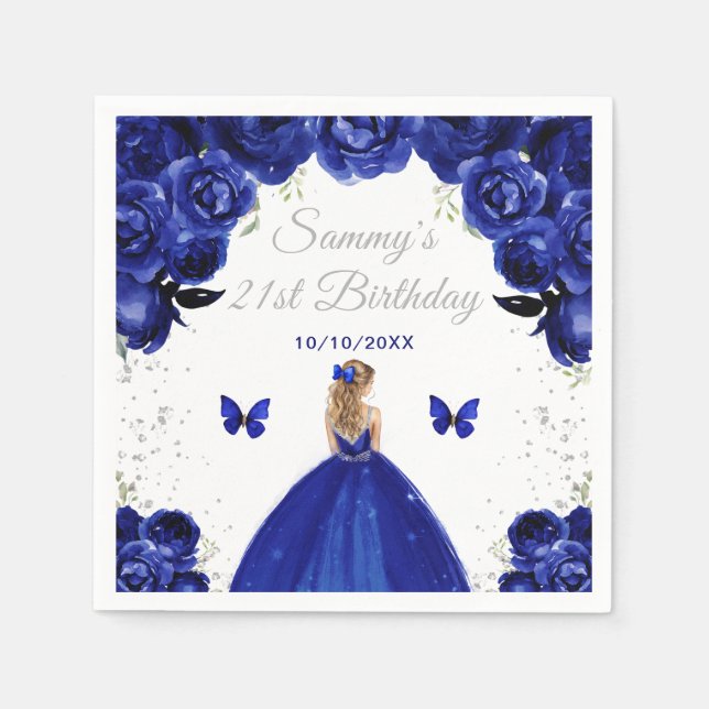 Dark Blue Blonde Hair Princess Birthday Party Napkin (Front)