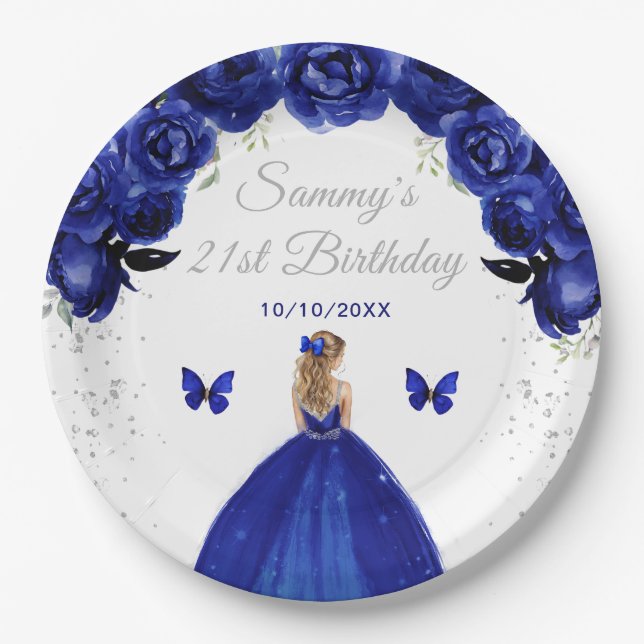 Dark Blue Blonde Hair Princess Birthday Party Paper Plate (Front)
