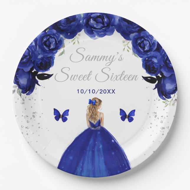 Dark Blue Blonde Hair Princess Sweet Sixteen Paper Plate (Front)