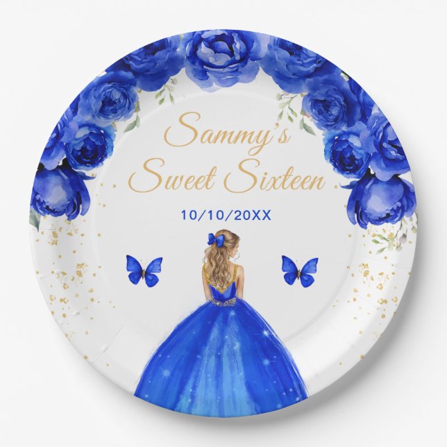 Dark Blue Blonde Hair Princess Sweet Sixteen Paper Plate (Front)