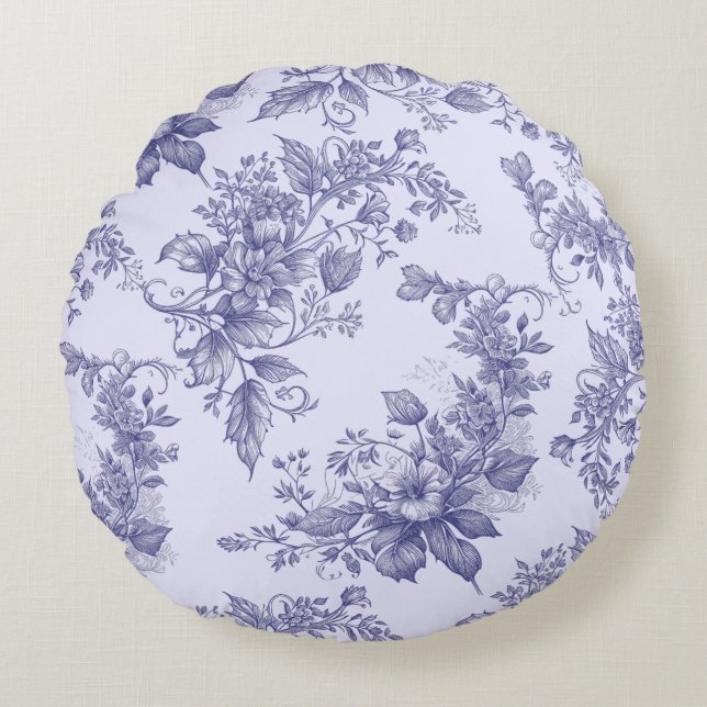 Dark Blue Bloom Floral Round Pillow (Front)