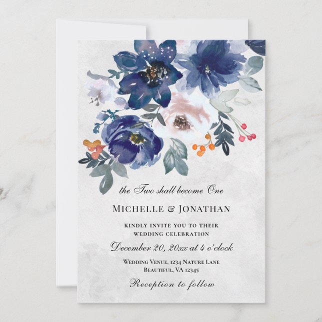 Dark Blue Blush Pink Floral Christian Wedding Invitation (Front)