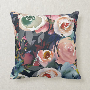 Dark Blue & Blush Pink Watercolor Floral Chic  Cushion