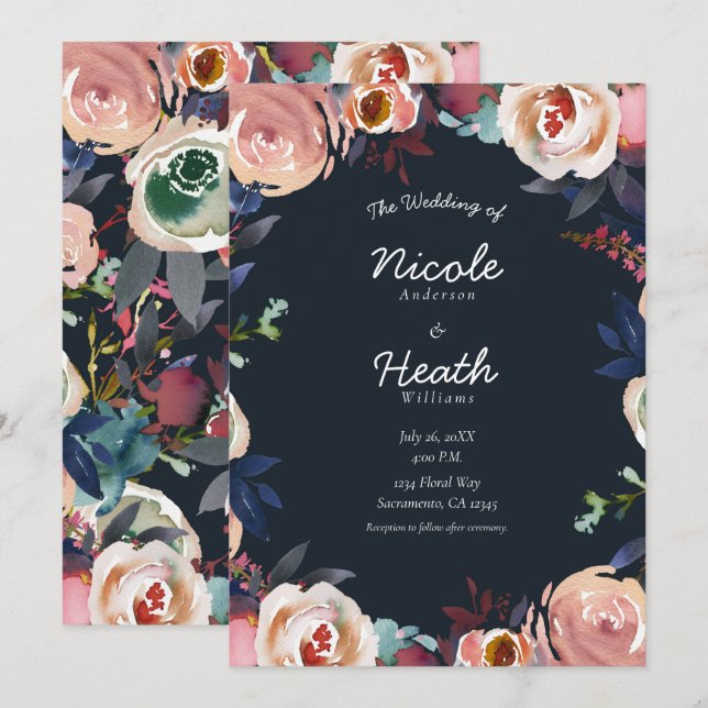 Dark Blue & Blush Pink Watercolor Floral Wedding   Invitation (Front/Back)