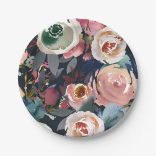 Dark Blue & Blush Pink Watercolor Floral Wedding  Paper Plate
