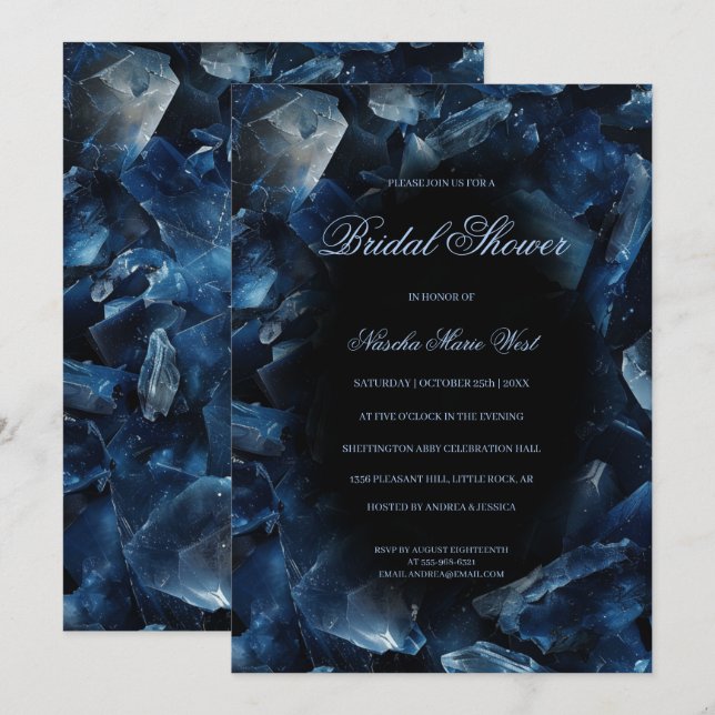 Dark Blue Boho Witch Crystals Black Bridal Shower Invitation (Front/Back)