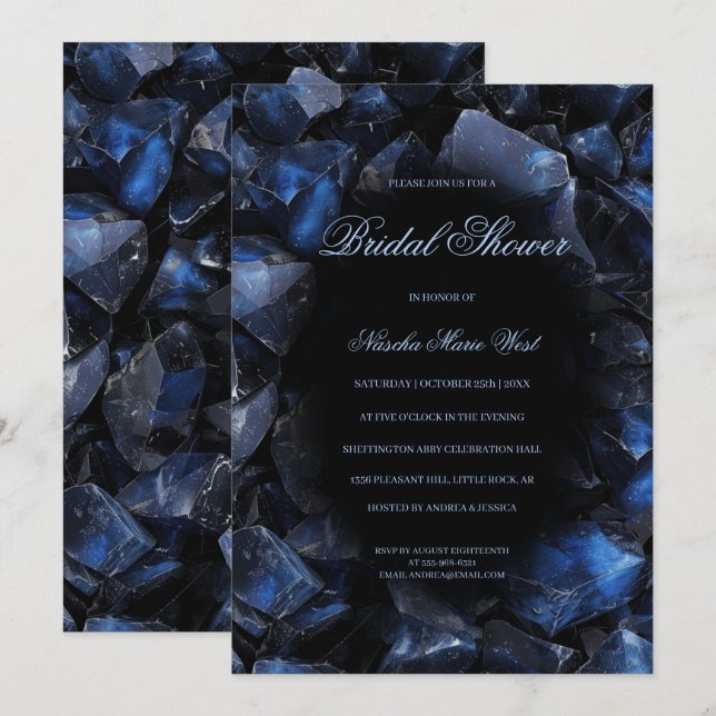 Dark Blue Boho Witch Crystals Black Bridal Shower Invitation (Front/Back)