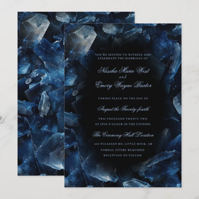 Dark Blue Boho Witch Crystals Black Wedding Invitation (Front/Back)