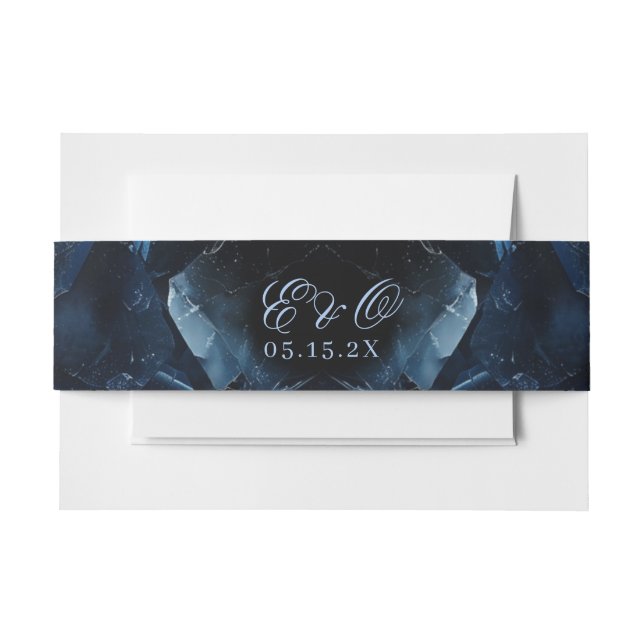 Dark Blue Boho Witch Crystals Black Wedding Invitation Belly Band (Front Example)