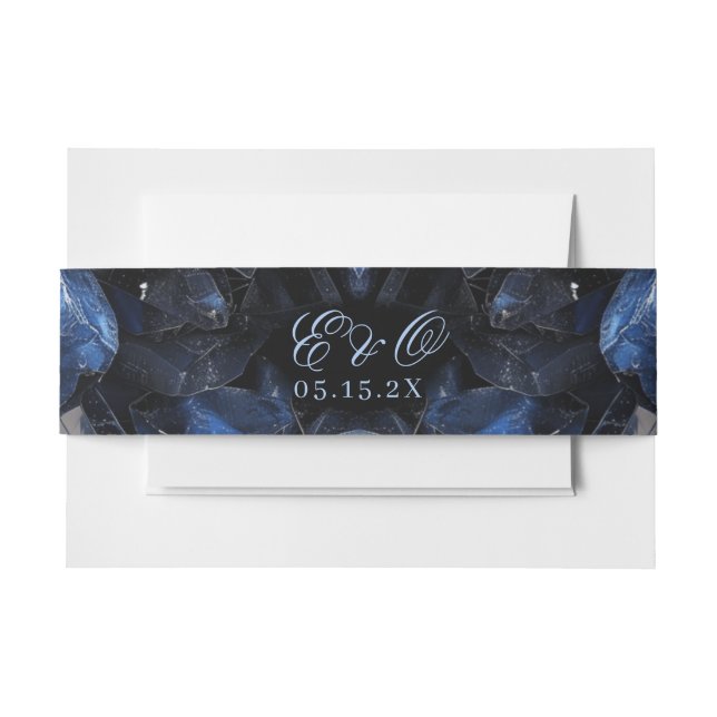 Dark Blue Boho Witch Crystals Black Wedding Invitation Belly Band (Front Example)