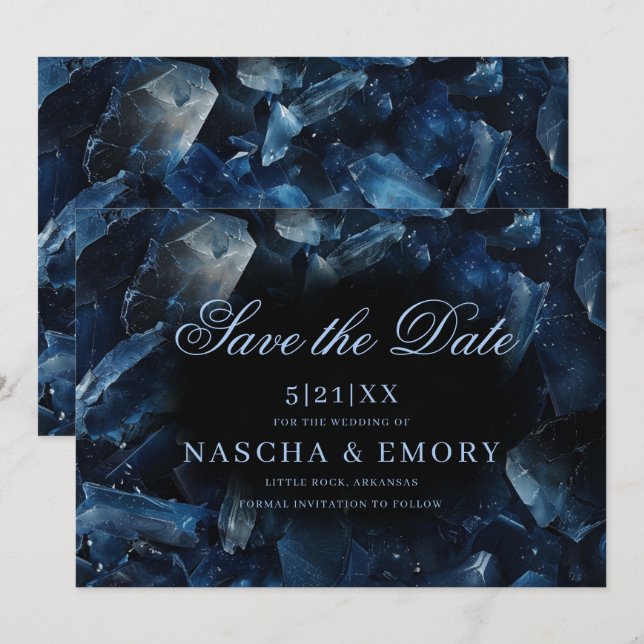 Dark Blue Boho Witch Crystals Black Wedding Save The Date (Front/Back)