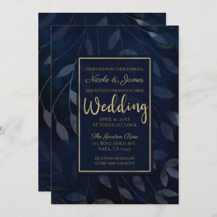 Dark Blue Botanical Leaves Modern Chic Wedding Invitation