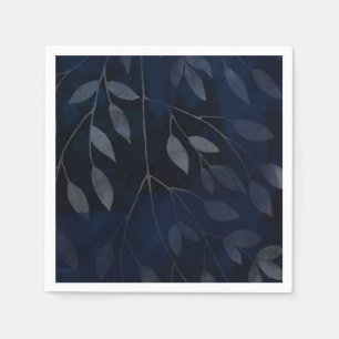 Dark Blue Botanical Leaves Modern Chic Wedding Napkin