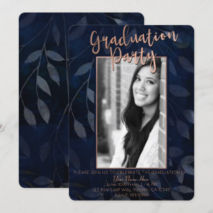 Dark Blue Botanical Leaves Modern Graduation Party Invitation