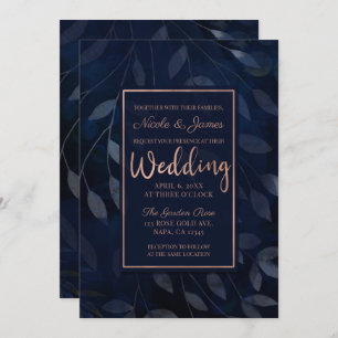 Dark Blue Botanical Leaves Modern Pink Wedding Invitation