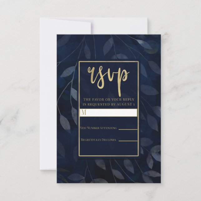 Dark Blue Botanical Leaves Modern Wedding RSVP Card (Front)