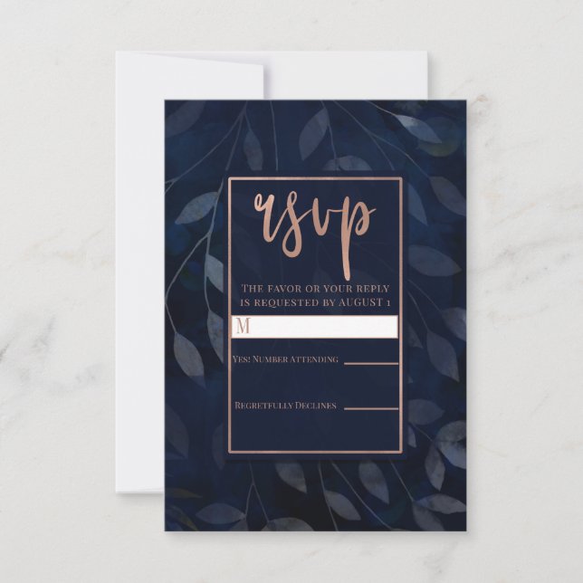 Dark Blue Botanical Leaves Rose Gold Wedding RSVP Card (Front)