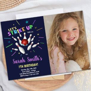 Dark Blue Bowling Birthday Invitations with photo