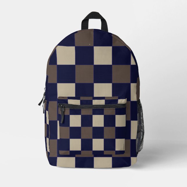 Dark Blue Brown Checks Chequerboard Pattern Printed Backpack (Front)