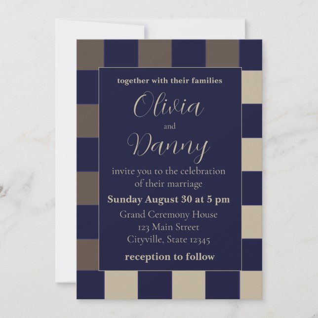Dark Blue Brown Chequerboard Wedding Invitation (Front)
