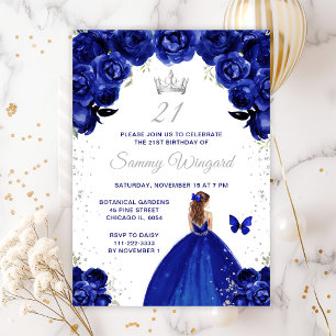 Dark Blue Brown Hair Princess Birthday Party Invitation