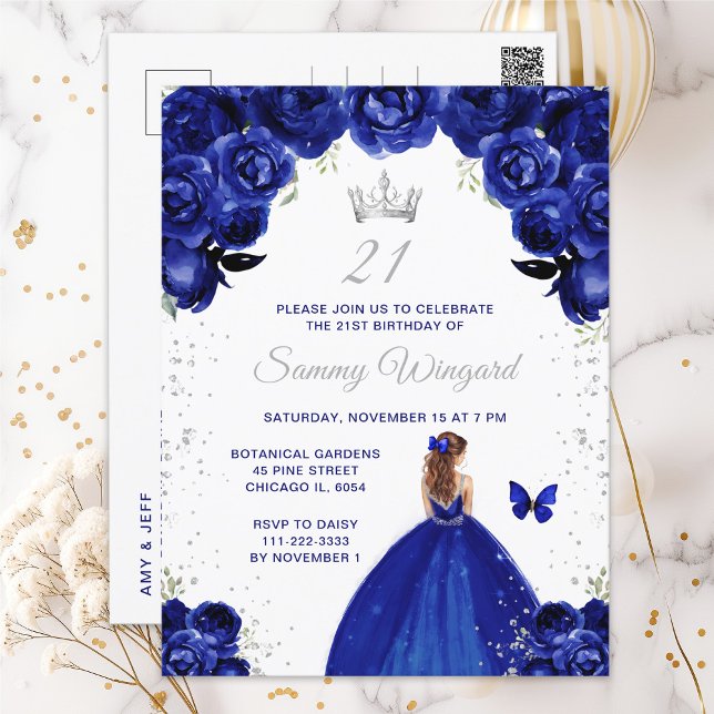 Dark Blue Brown Hair Princess Birthday Party Postcard (Creator Uploaded)