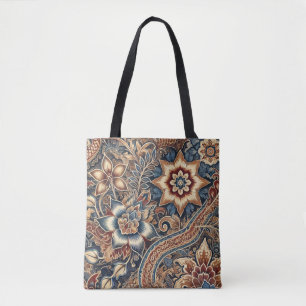 Dark Blue Brown Indonesian Batik Floral Pattern Tote Bag