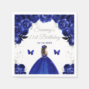 Dark Blue Brunette Hair Princess Birthday Party Napkin