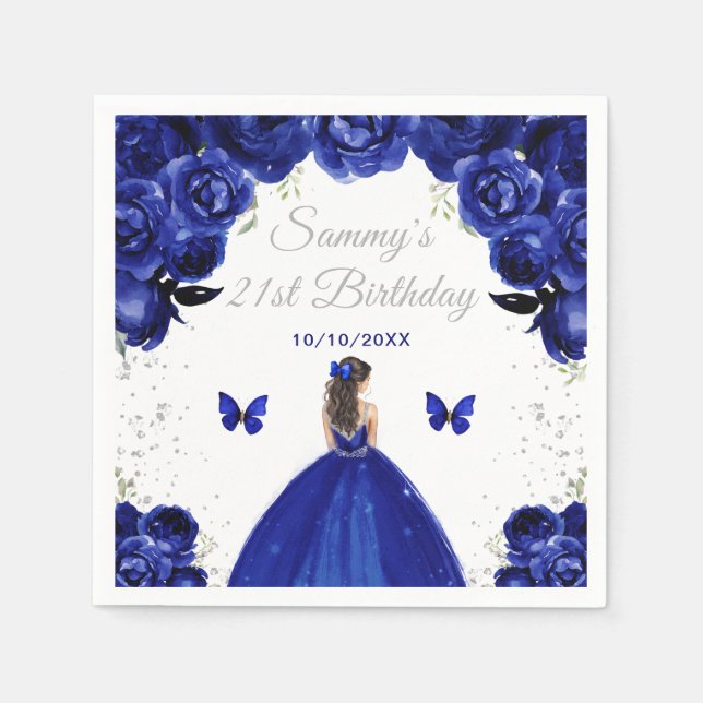 Dark Blue Brunette Hair Princess Birthday Party Napkin (Front)