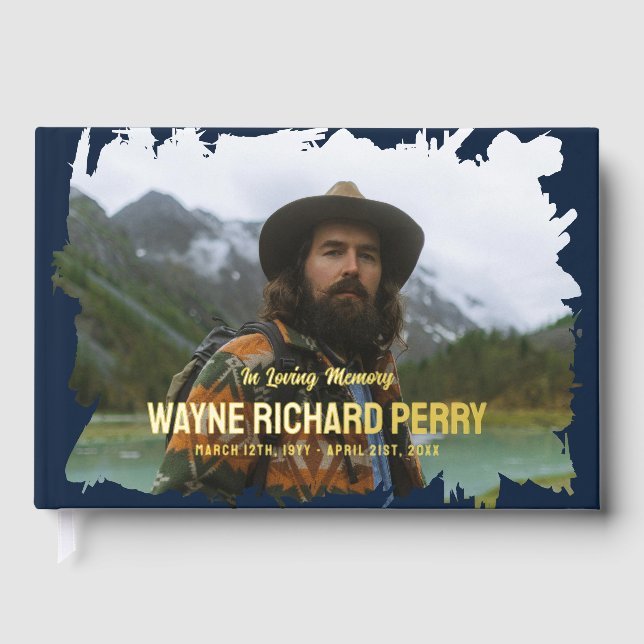 Dark Blue Brush Stroke Photo In Loving Memory Guest Book (Front)