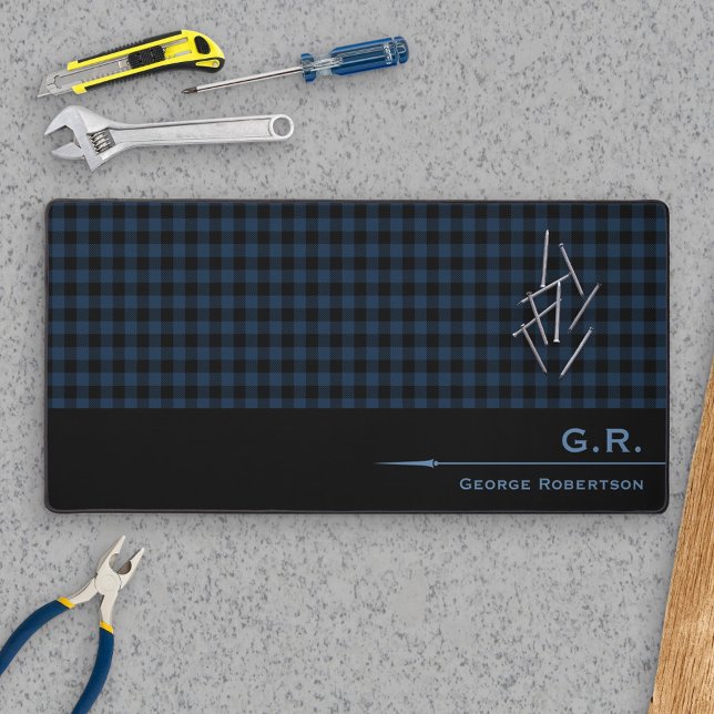 Dark Blue Buffalo Check Monogrammed For Him Desk Mat (Creator Uploaded)